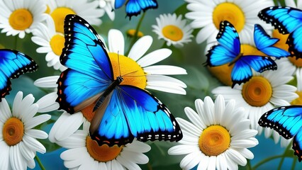 Wall Mural - colorful blue tropical morpho butterflies on delicate daisy flowers painted with oil paint