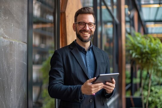 Happy young business man with tablet at work in modern urban background, Generative AI