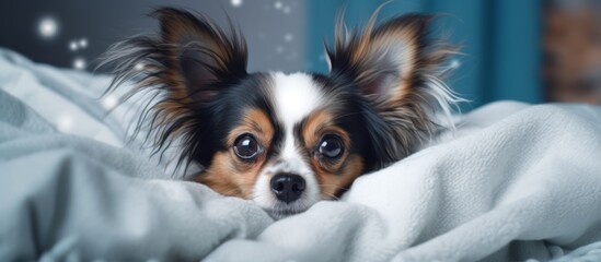 Sticker - A pampered dog comfortably lays on a soft bed covered with a cozy blanket