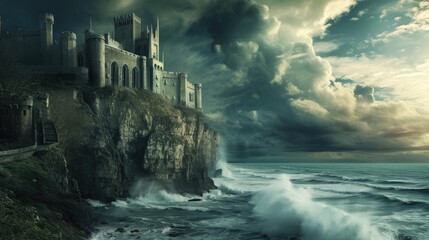 Wall Mural - A historic medieval castle on a cliff, ocean waves crashing below, dramatic sky, knights and horses, period architecture. Resplendent.