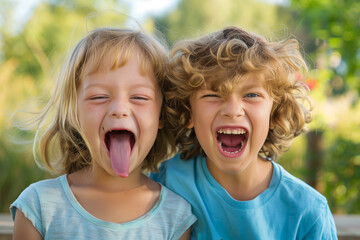 Wall Mural - Two young children are smiling and laughing, one of them has a tongue sticking out. Scene is happy and playful