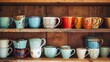Colorful Array of Ceramic Mugs on Shelves