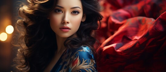 Poster - A striking image of a woman wearing a vibrant red dress and with long flowing hair, captured in a close-up shot