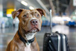 Traveling with a Pit Bull terrier. Portrait of dog with luggage in blurry background at airport or train station