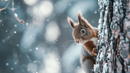 Wall Mural - Squirrel Peeking Out in a Snowy Winter Wonderland