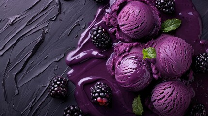 Wall Mural - Macro shot of purple ice cream with fresh berries and flowers.