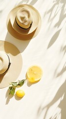 Wall Mural - Two straw hats and a lemon on a table