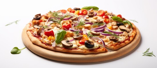 Canvas Print - Placed on a rustic wooden board is a delicious pizza topped with assorted vegetables and savory mushrooms