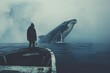 
Portrait of a man standing on the edge of a boat, with a majestic whale swimming in the cold sea behind them, creating a striking contrast of scale and emotion.