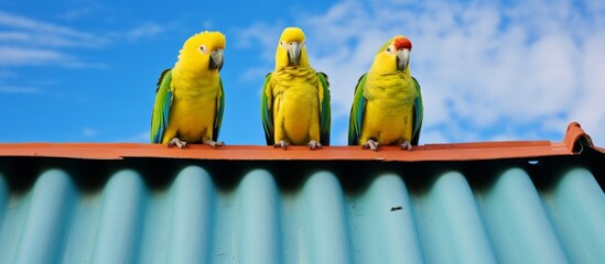 Poster - Three vivid yellow and green birds are sitting on a rooftop against a clear blue sky backdrop