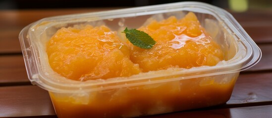 Sticker - A clear plastic container holding a single piece of fresh fruit, showcasing a healthy snack option