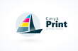 Print CMYK Logo. Abstract Boat silhouette. Template design vector. Black background.