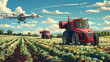 A smart farm with robotic harvesters and drones monitoring crops in a vast field