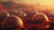 Advanced research facility on Mars, geodesic domes housing lush ecosystems, vibrant alien plants being studied, the red Martian landscape stretching beyond