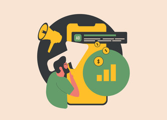 Poster - PPC campaign monitoring. Track and measure pay per click campaigns. Success PPC advertising monitoring tool. Digital marketing vector illustration with icons on white background