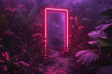 Fototapete - uplifting scene of radiant lit neon doorway in moody light flower garden