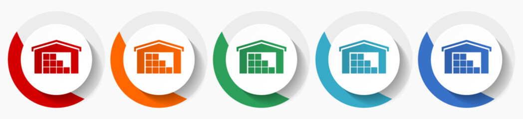 Aufkleber - Warehouse, storage vector icon set, flat icons for logo design, webdesign and mobile applications, colorful round buttons
