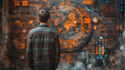Poster - Business planning: European man at wall with plans, back view.