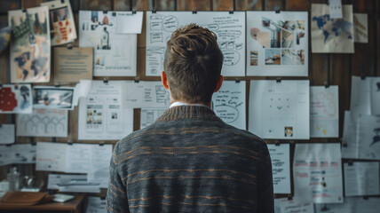 Poster - Analyzing business: European man's back view, plans on wall.