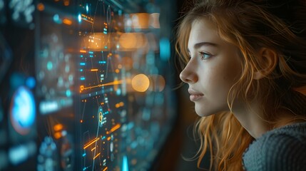 Aufkleber - Young woman gazes thoughtfully at futuristic digital display. Contemporary style, conceptual technology theme. Ideal for tech and innovation contexts. AI