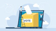 © Yurii - Voting box and voters making decisions. Tiny people putting voting paper into ballot box that come out from laptop monitor. Modern online voting and election concept. Vector illustration