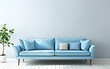 Photo of a modern living room interior with a light blue sofa and copy space wall mock up