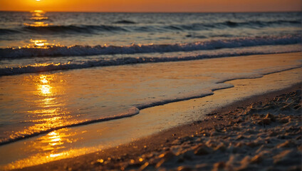 Sticker - painting of a sunset over the ocean with waves crashing on the beach and clouds in the sky over the ocean and a beautiful beach area