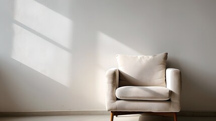 Wall Mural - minimalistic interior scene with a single armchair bathed in natural light from a window. modern dec
