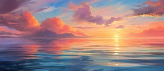 Canvas Print - Vibrant artwork capturing a breathtaking sunset scene over the ocean, with wispy clouds adding to the serene atmosphere