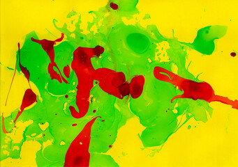 Abstract background of bright contrasting colors. Red and green chaotic spots spilled on a yellow background. Different shades. Drops, splashes of paint. Modern.