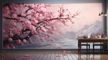 A Tranquil Scene Featuring Cherry Blossoms Scattered On A Smooth Surface, Creating A Serene Atmosphere Against A Gentle Background