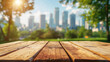 Wooden platform sharply in focus with a softly blurred city park, with skyscrapers hinting urban life juxtaposed with nature
