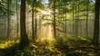 A misty forest glade at twilight with sunlight filtering through the trees AI generated illustration