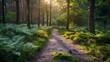 A quiet woodland path lined with ferns and moss with sunlight filtering through the trees AI generated illustration