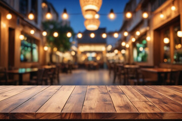 Aufkleber - Empty wooden table top with lights bokeh on blur restaurant background