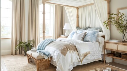 A serene bedroom with a calming color palette and a luxurious canopy bed AI generated illustration