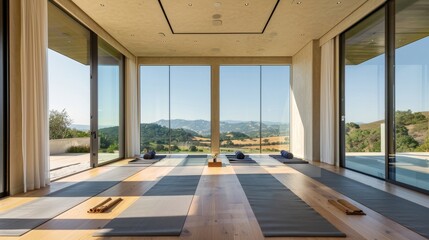 Poster - A sleek yoga studio with floor-to-ceiling mirrors and views of rolling hills raw AI generated illustration