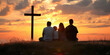 Regretting sins, missing people who passed away, deeply religious person, praying, thinking about soul and meaning of life. Silhouette of family with limp on hill with cross during sunrise sunset