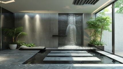 Aufkleber - A tranquil spa room with a soothing waterfall feature and minimalist design AI generated illustration