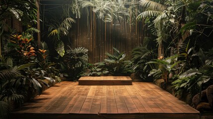 Aufkleber - A wooden stage nestled within a lush jungle for showcasing merchandise raw AI generated illustration