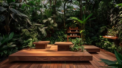 Aufkleber - A wooden stage set amidst verdant foliage for displaying merchandise AI generated illustration
