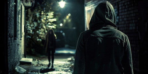 back of man in hood following woman in dark narrow street at night late evening. concept for crime, 