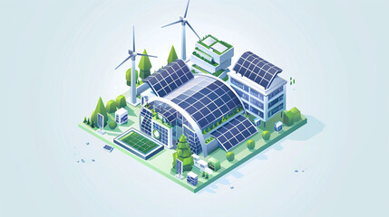 An isometric icon of a green tech incubator, with solar panels and wind turbines, driving sustainable innovation.