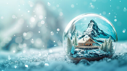 Poster - A tiny cube-cutout mountain retreat model within a glass globe, set against a cool ice blue background.