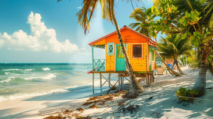 Poster - A tiny, colorful Caribbean beach house on stilts