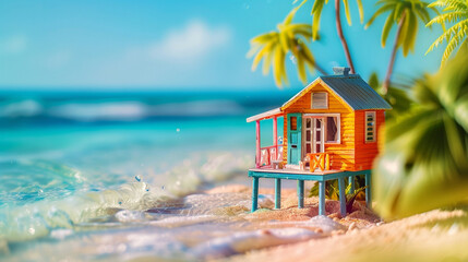 Poster - Miniature colorful house surrounded by sand, miniature palm trees, and a clear blue sea with gentle waves.