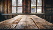 Rustic wooden table placed inside a wooden cabin with a scenic view through the window, projecting calmness
