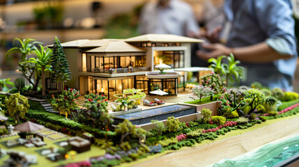 Poster - A real estate broker using a detailed miniature model of a luxury beachfront villa, complete with a tiny pool and landscaped garden, to entice high-net-worth clients in a private viewing room.