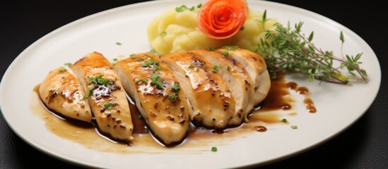 Poster - A plate of appetizing chicken served with a flavorful sauce and delicious potatoes