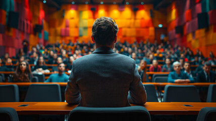 Wall Mural - Business seminar: Speaker addresses crowd, concept.